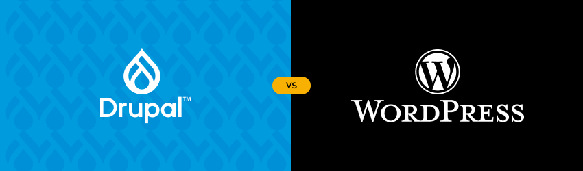 Banner comparativo entre Drupal y WordPress, con sus logotipos enfrentados en un fondo dividido azul y negro.