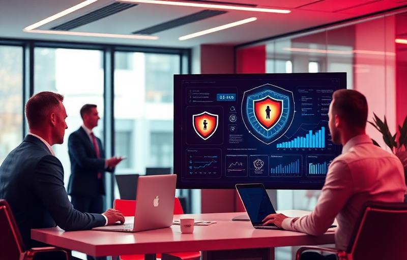 Ejecutivos analizando un dashboard seguro con escudos de protección de datos