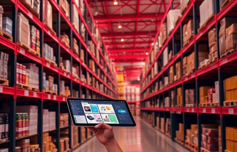 Operario de retail revisando catálogo de productos en una tablet dentro de un almacén