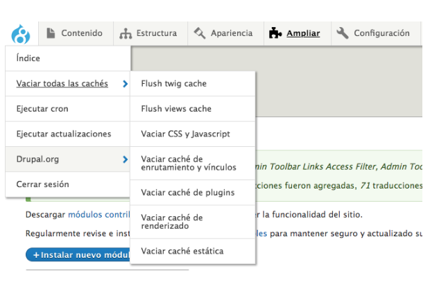 Mejorar la barra de herramientas en Drupal 8 con “Admin Toolbar”