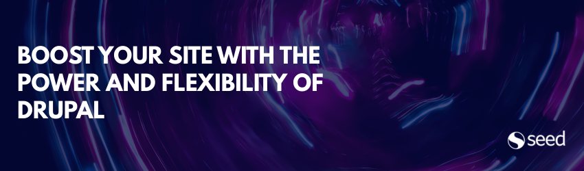 Banner with an abstract background in purple and blue tones, with the text 'Boost your site with the power and flexibility of Drupal' and the Seed logo in the lower right corner