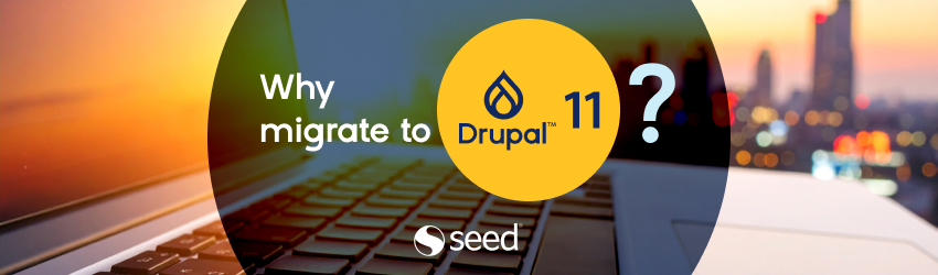 Seed EM banner with the question “Why migrate to Drupal 11?” over a background image with a laptop and a city at sunset