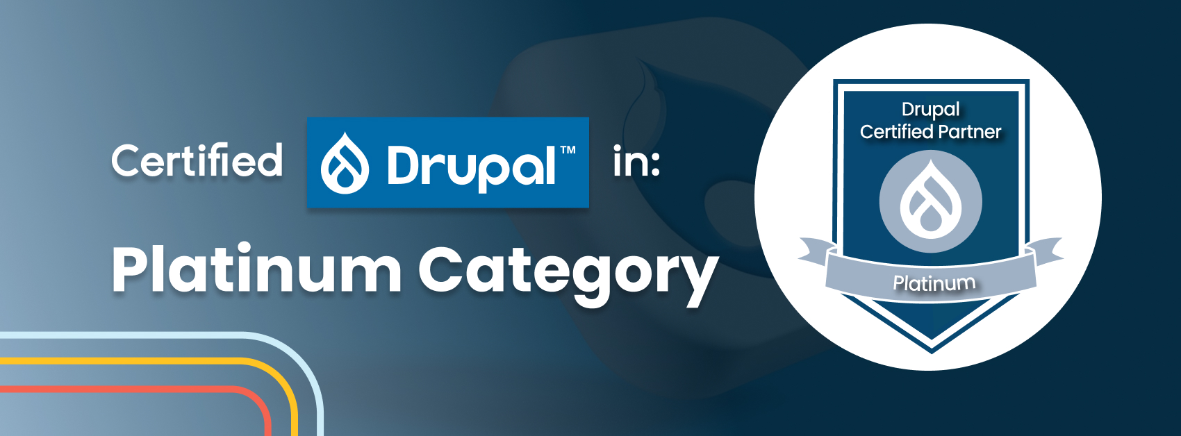 Seed EM banner announcing the certification as a Drupal Certified Partner in the Platinum category, with the Drupal logo and the official badge on a blue background.