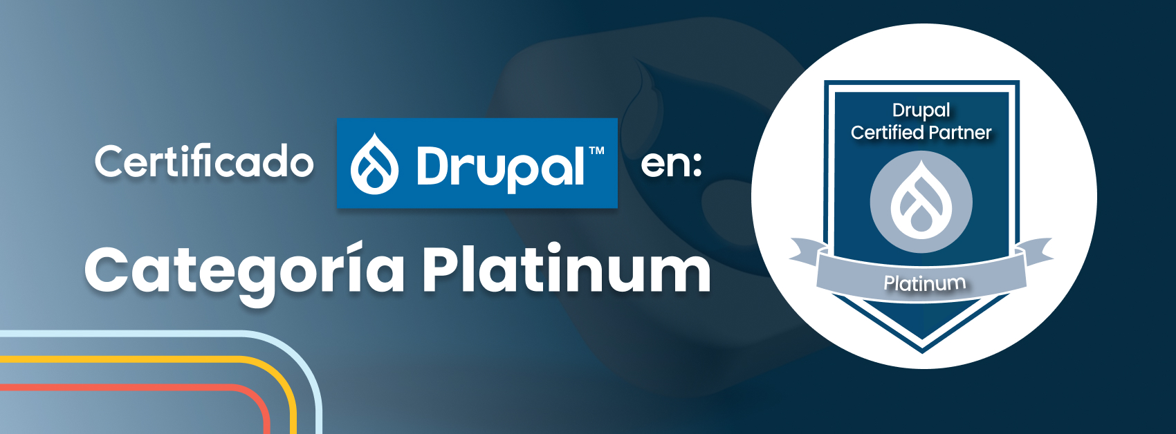 Banner de Seed EM anunciando la certificación como Drupal Certified Partner en la categoría Platinum, con el logo de Drupal y la insignia oficial sobre fondo azul.