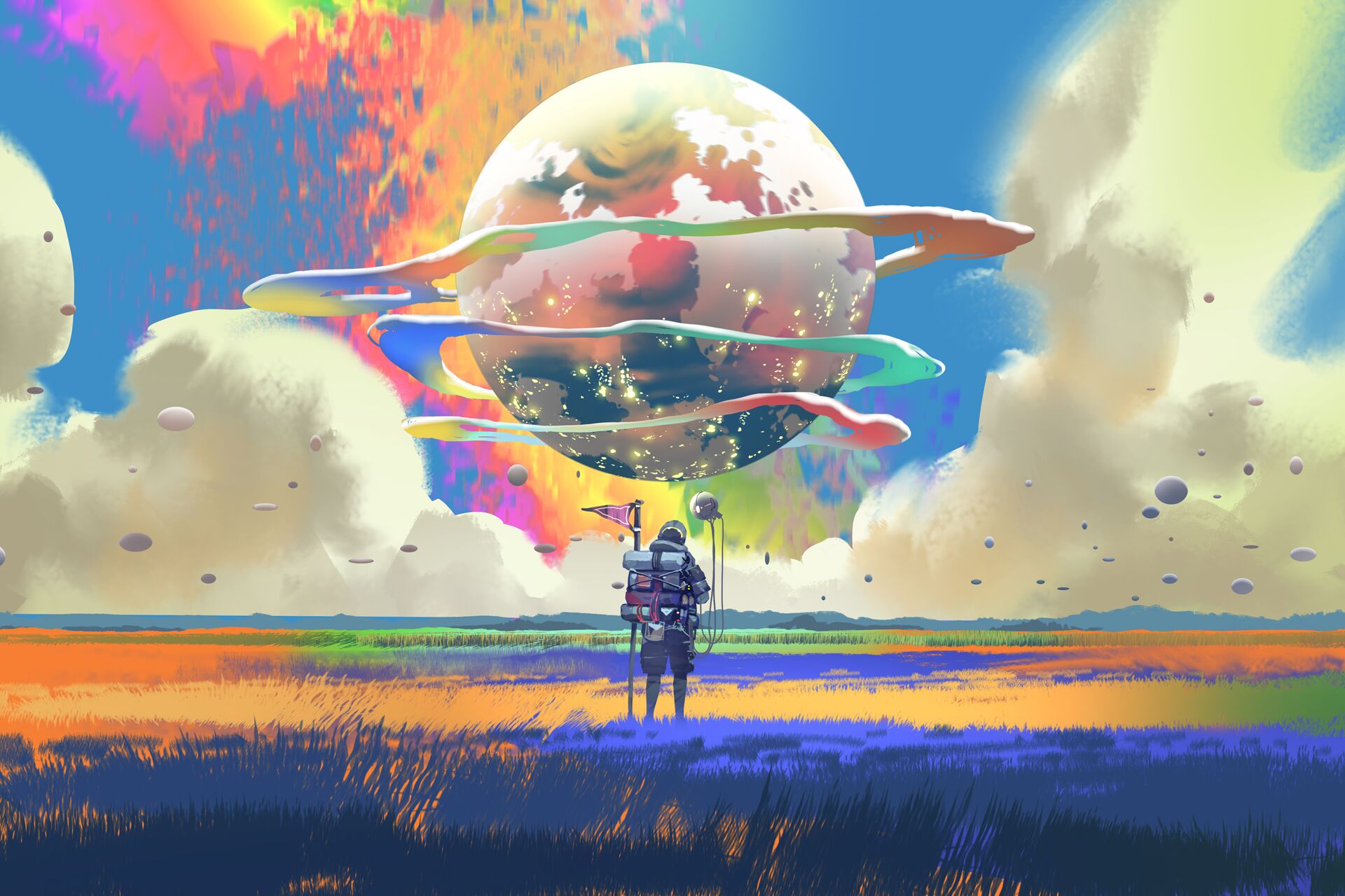 Ilustración digital de un astronauta observando un planeta gigante con anillos coloridos, en un paisaje surrealista lleno de nubes y pastizales multicolores, representando un futuro imaginado impulsado por la inteligencia artificial.