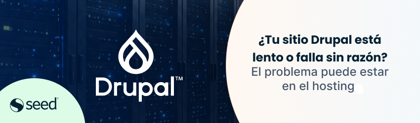 Banner de hosting especializado para Drupal con mensaje sobre rendimiento y estabilidad del sitio