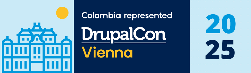 Banner with blue background and graphic details. In the center is the Seed EM logo alongside text announcing the scholarship awarded to Santiago Naranjo to attend DrupalCon Vienna 2025.