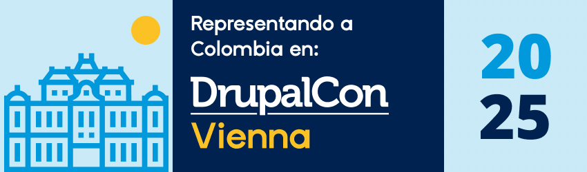 Banner con fondo azul y detalles gráficos. En el centro aparece el logo de Seed EM junto al texto que anuncia la beca obtenida por Santiago Naranjo para asistir a DrupalCon Vienna 2025.