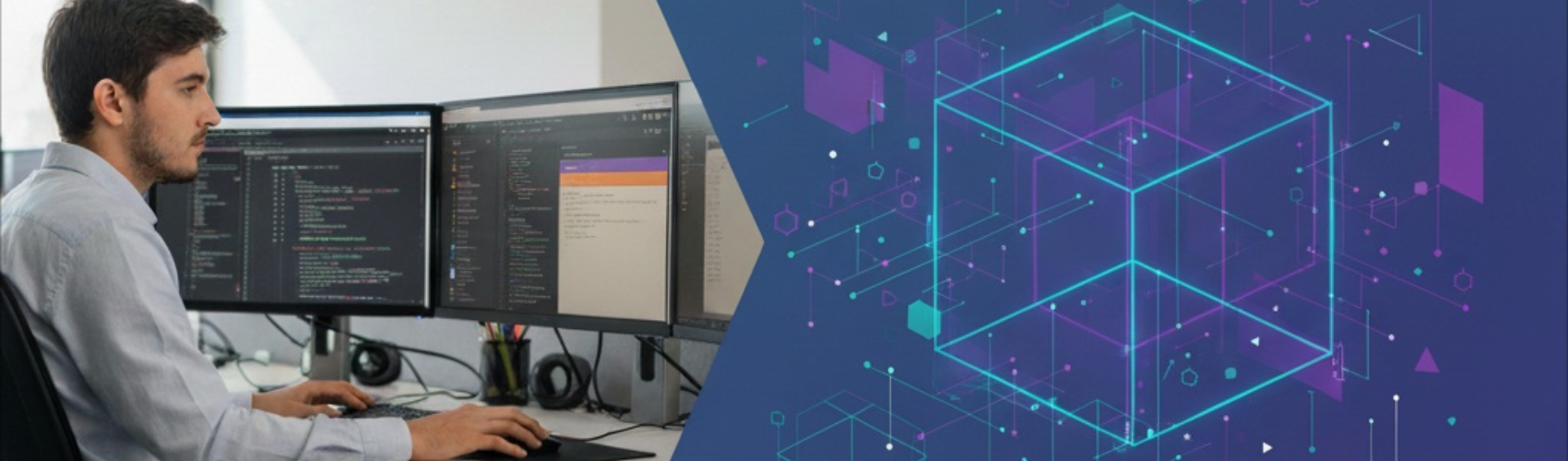 A developer works in an office in front of three monitors displaying code and open tasks, while next to him is a digital illustration of a three-dimensional cube surrounded by geometric shapes and lines representing technology and connections.