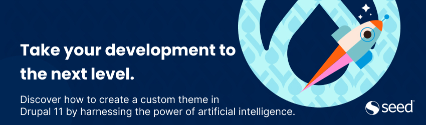 Illustration of a rocket taking off. Promotes a workshop on Drupal 11 and AI development.