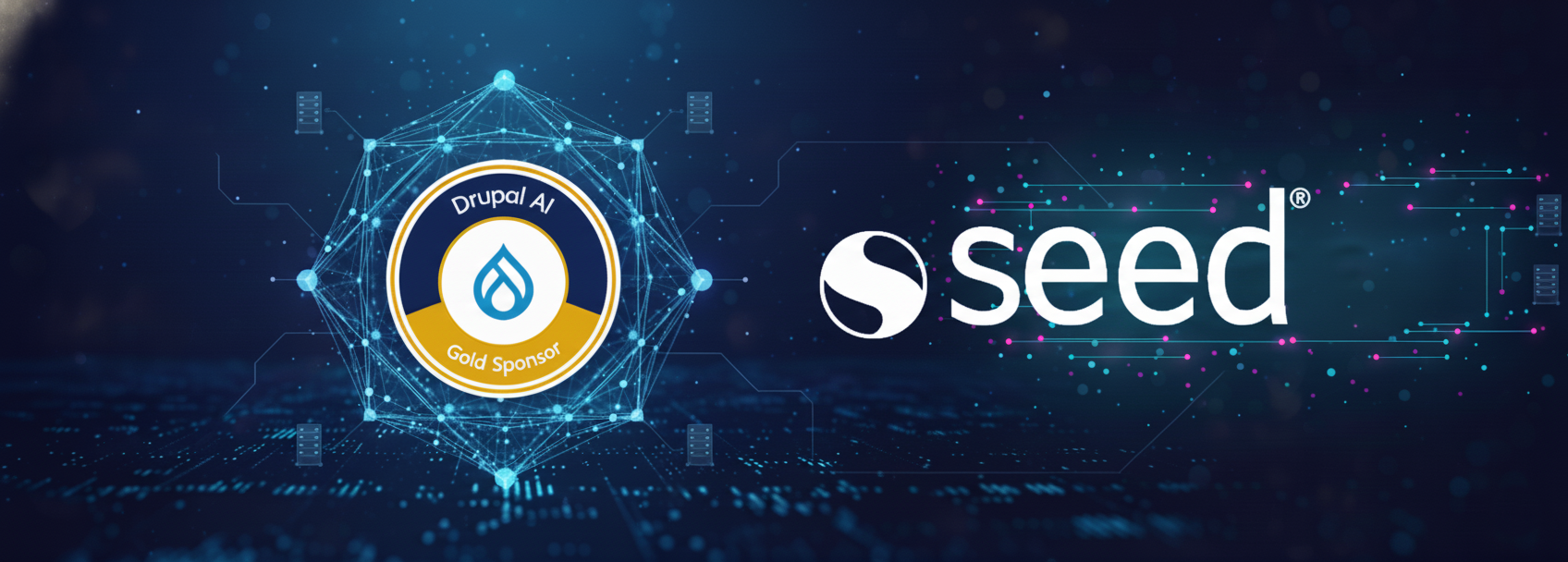Seed logo next to the Drupal AI Gold Sponsor emblem on a blue technological background with digital connections.