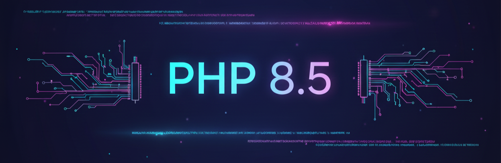 Abstract and modern representation of PHP 8.5. The logo “PHP 8.5” in vibrant colors, placed on a dark background with stylized lines of code or a digital data grid, symbolizing speed, performance, and technology.