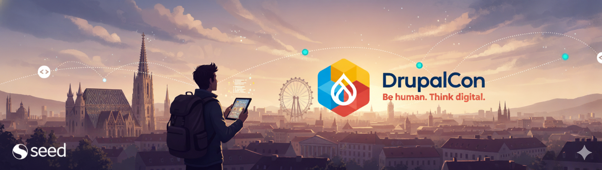 Person with a backpack using a tablet in front of the city of Vienna at sunset, next to the DrupalCon logo.