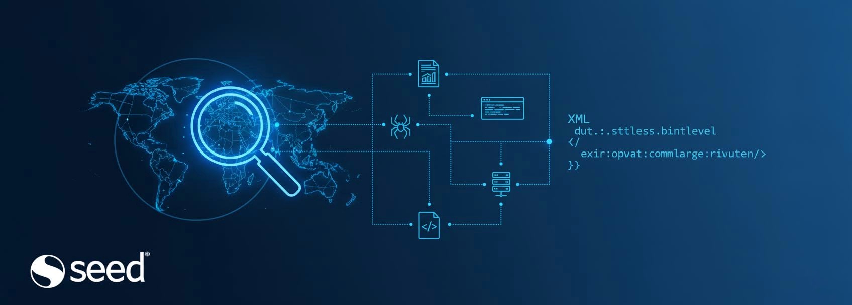 Digital graphic illustrating global data surveillance and analysis, with a magnifying glass on a world map connected to icons representing code processing, servers, and documents.