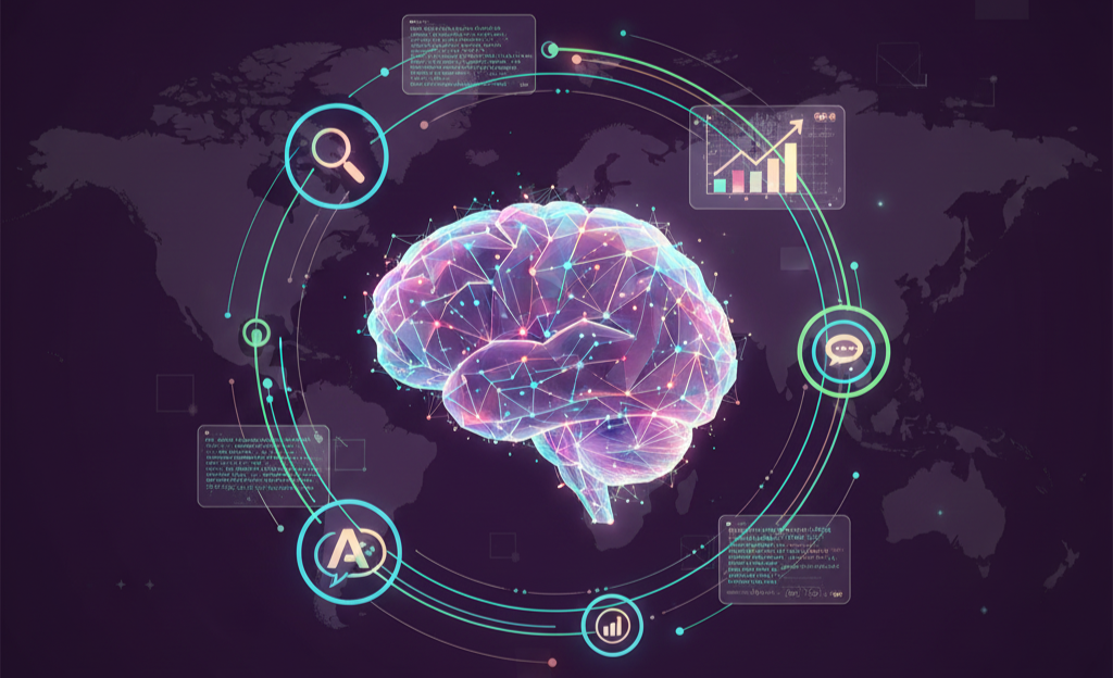 Abstract neural network representing artificial intelligence and structured data flow for Answer Engine Optimization (AEO).