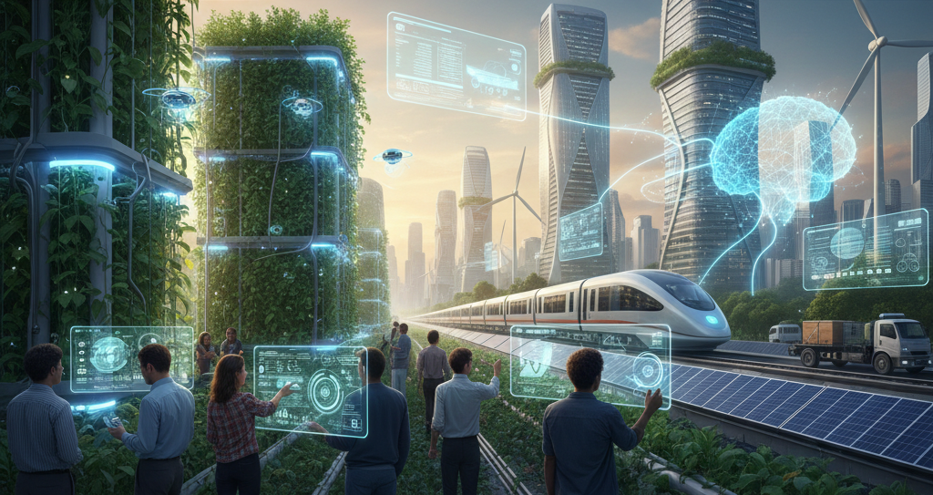 Illustration of a futuristic, sustainable city with buildings covered in vegetation, solar panels, and wind turbines. Several people interact with holographic digital screens while an electric train travels through the city, representing the use of artificial intelligence and clean technology in urban development.