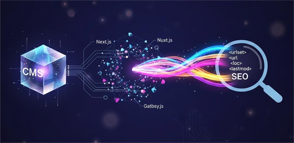 Diagrama de un CMS que usa tecnologías Next.js, Nuxt.js y Gatsby.js para generar sitemaps y optimizar el SEO.