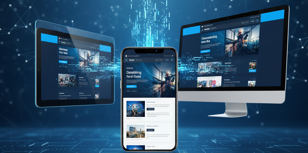 Responsive web design displayed on a cell phone, tablet, and computer, with the same interface adapted to different screen sizes.