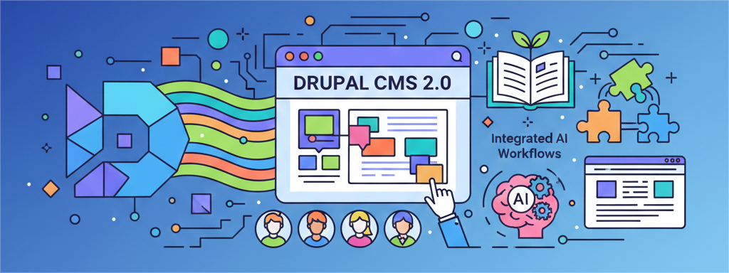 Illustration of Drupal CMS 2.0 with AI, community, and workflow icons in a linear style