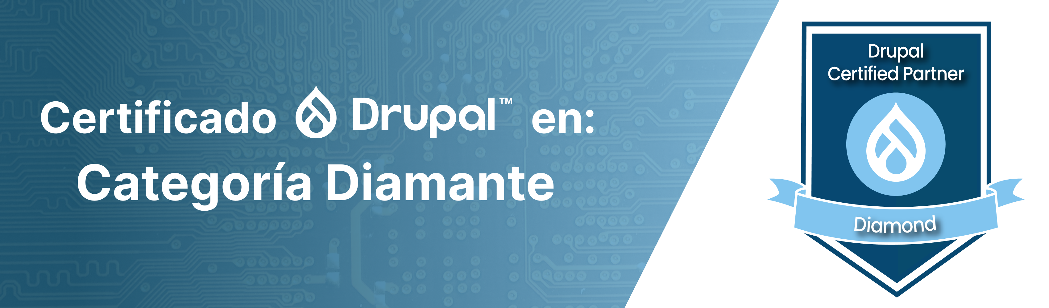 Sello de Drupal Certified Partner en Categoría Diamante sobre fondo técnico azul