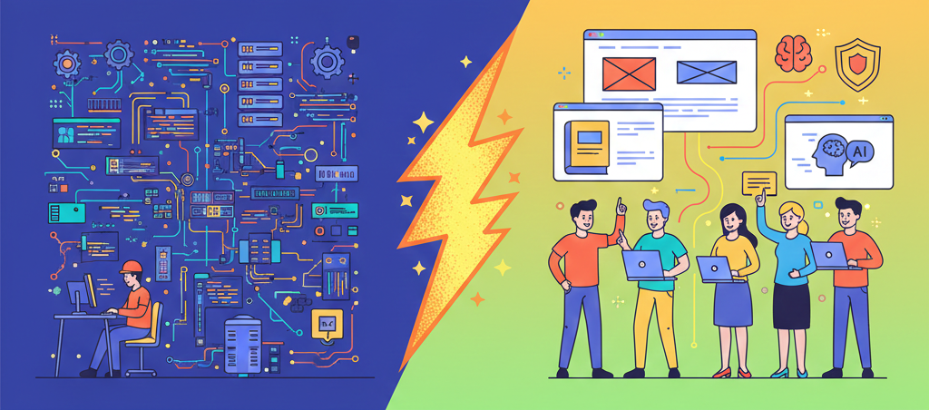 Contrast between complex code development and a team collaborating with visual interfaces