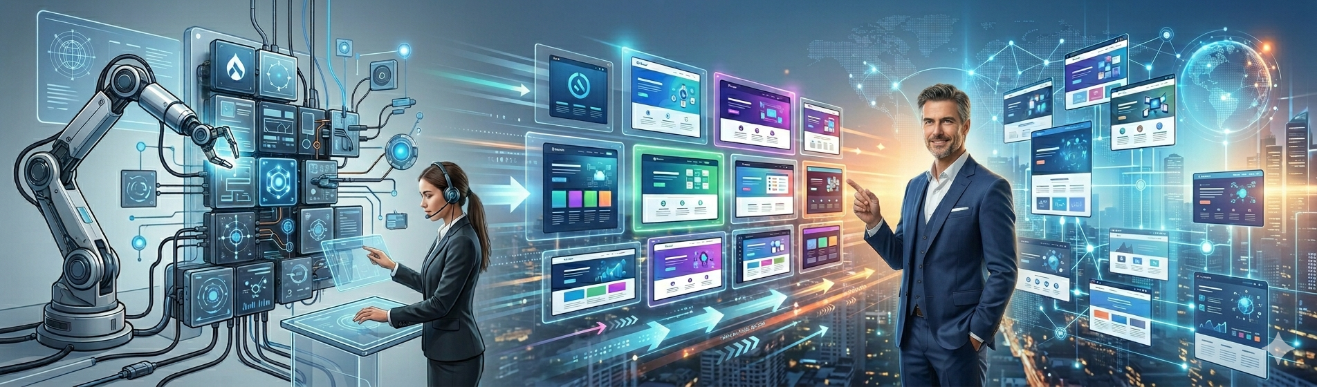 Tech banner: transitioning from complex development to ready-made CMS templates and business professionals.