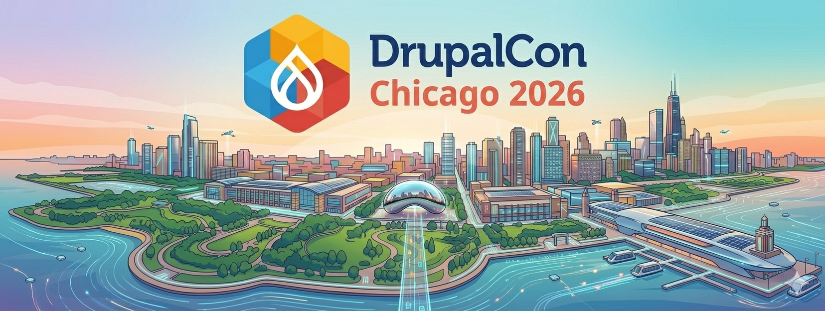 DrupalCon logo featuring a technological illustration of Chicago with colorful buildings
