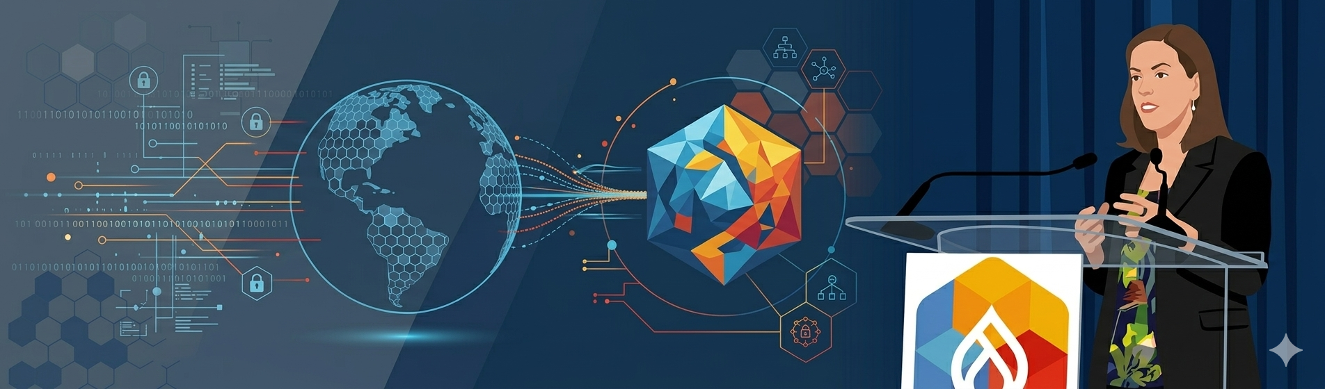 A speaker at a lectern next to graphics of a globe and an interconnected data cube.
