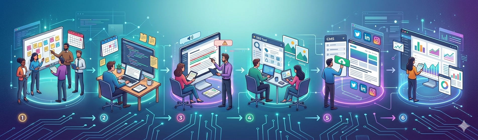 A 6-step illustration of the digital lifecycle: from planning and coding to SEO and analytics.