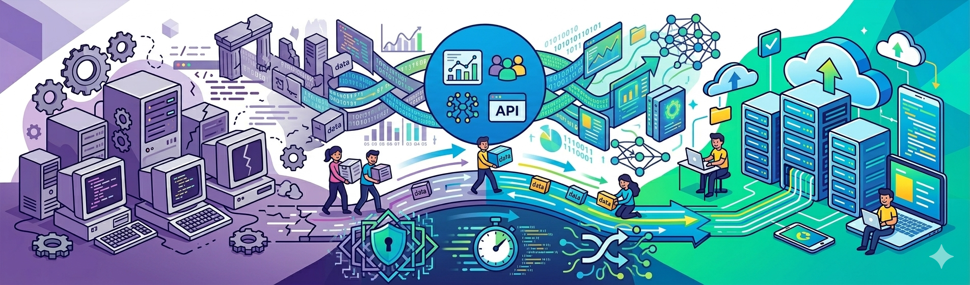 Illustration of the data flow: from legacy and manual systems to the cloud and modern APIs.