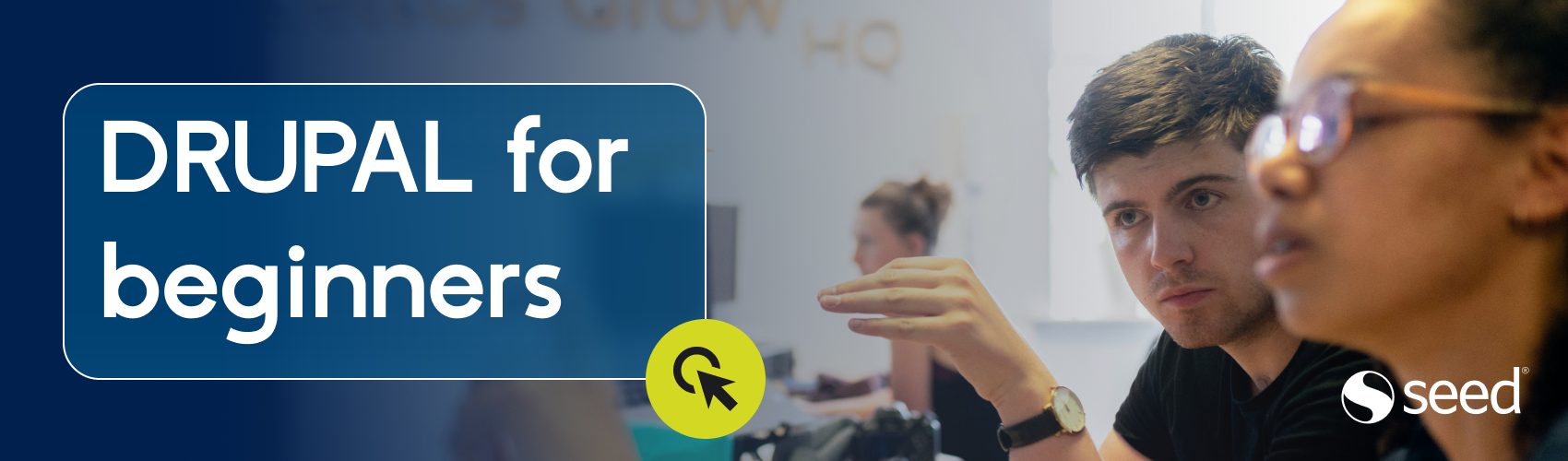 Banner with the text “DRUPAL for beginners” over an image of young people working as a team