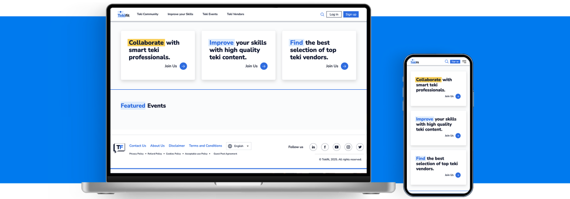 Tekifit's responsive interface on laptops and mobile devices with community, improvement, and supplier sections